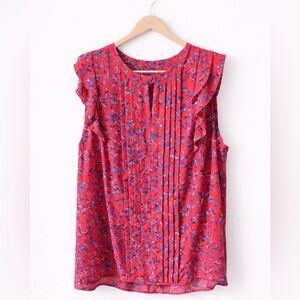 Elle Pinkish Red Floral Ruffle Sleeve Blouse XL | Lightweight Pleated Top